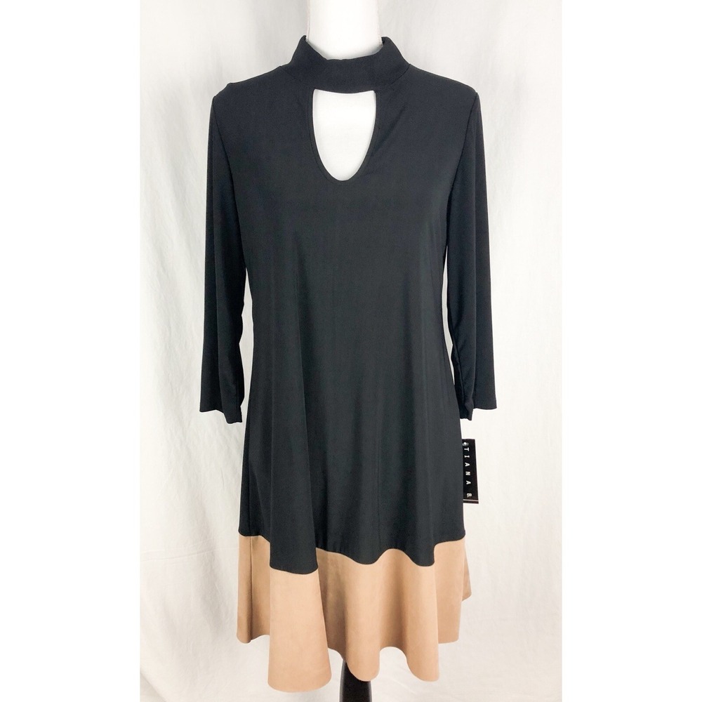TIANA B. Women's Black/Beige Tunic, Dress, Long Sleeve, Size 10 With Faux Fabric